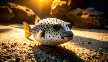Close-Up of Unique Spotted Puffer Fish Swimming in Clear Water Under Sunlight with Rocks in Background