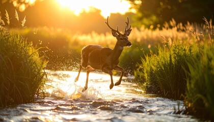 Majestic Deer Leaping Through Sparkling Water in Golden Sunset Glow Surrounded by Lush Greenery