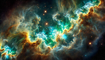 A stunning cosmic nebula in deep space, featuring a blend of green, blue, and gold gases swirling together.
