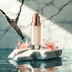 Luxury Serum on Broken Marble Podium with Water