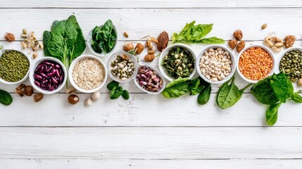 Variety of legumes, grains, nuts and spinach leaves promoting plant based diet
