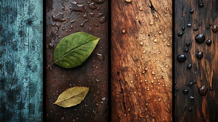 Close up of weathered wooden planks with water droplets and fallen leaves