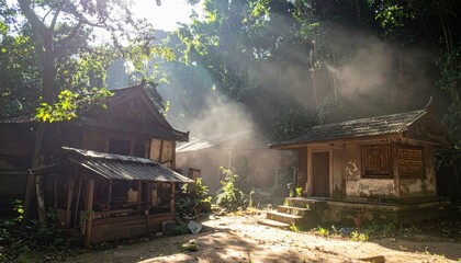 Abandoned Village in Jungle with Dust and Sunlight Filtering Through Leaves Creating Mysterious Atmosphere