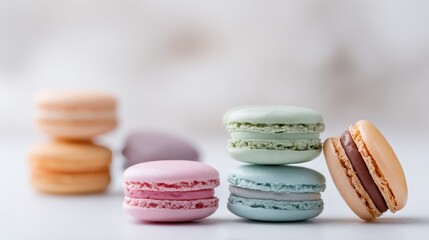 Fototapeta premium Colorful macarons standing and lying on white background