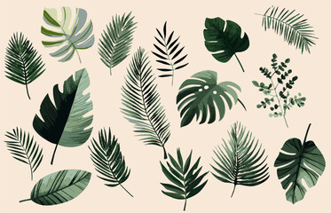 Naklejka premium Vector illustration showcases various tropical and palm leaves in a flat, modern botanical style. Organic, bold shapes creating a fresh, natural vibe.