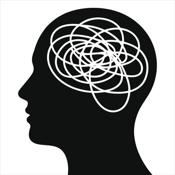  Mental Chaos and Confusion. Silhouette of a Human Head with Tangled Lines. Vector Illustration of a Confused Brain, Stress, Anxiety, and Overthinking.