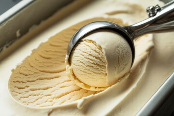 A scoop of creamy vanilla ice cream is ready to be enjoyed as a cold dessert