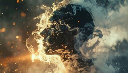 Ethereal Profile of a Silhouette Shrouded in Smoke and Sparkles Under Soft Glowing Light