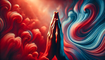  A human hand in a praying gesture, shown in the foreground, with a background of swirling red and blue tones. 