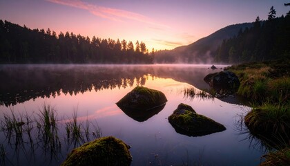 Serene Misty Lake at Dawn with Reflections of Forest and Mountains in Tranquil Nature Landscape