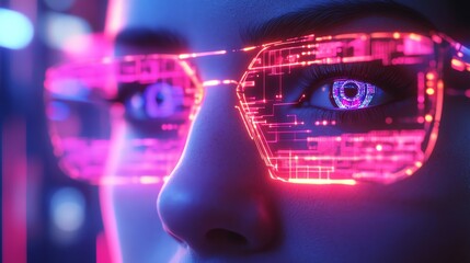 Futuristic portrait with augmented reality glasses and vibrant colors.