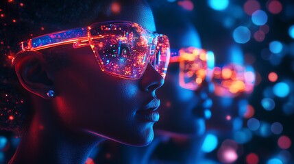 Futuristic portrait with glowing glasses against a vibrant backdrop.