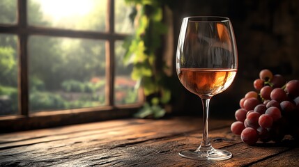 Elegant wine glass beside grapes on a rustic wooden table by a window.