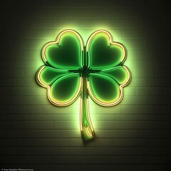 Neon green shamrock glowing on a dark wall.
