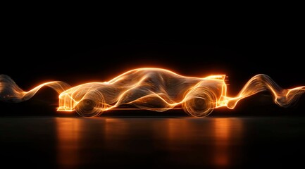 Dynamic banner, a sports car made of flowing golden waves on a black background rushes along the horizon creating a sense of speed and movement.