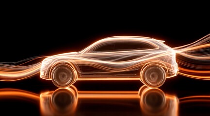 Dynamic banner, a sports car made of flowing golden waves on a black background rushes along the horizon creating a sense of speed and movement.