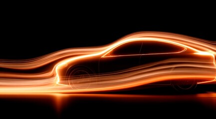 Dynamic banner, a sports car made of flowing golden waves on a black background rushes along the horizon creating a sense of speed and movement.