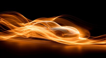 Dynamic banner, a sports car made of flowing golden waves on a black background rushes along the horizon creating a sense of speed and movement.