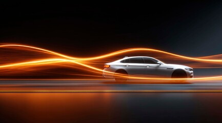 Dynamic banner, a sports car made of flowing golden waves on a black background rushes along the horizon creating a sense of speed and movement.