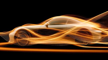 Dynamic banner, a sports car made of flowing golden waves on a black background rushes along the horizon creating a sense of speed and movement.