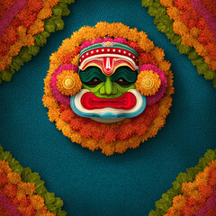 Vibrant Onam Festival Poster with Pookalam, Kathakali Mask, and Text Space