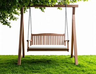 Wooden Swing Bench Under Green Tree Canopy by Bright Daylight on Lush Green Grass with White Background