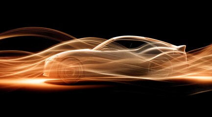 Dynamic banner, a sports car made of flowing golden waves on a black background rushes along the horizon creating a sense of speed and movement.