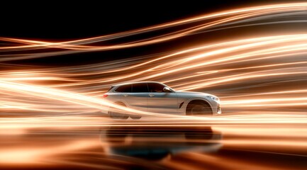 Dynamic banner, a sports car made of flowing golden waves on a black background rushes along the horizon creating a sense of speed and movement.