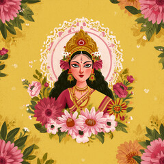 Durga Puja Celebration Poster with Vector Goddess Durga and Floral Border
