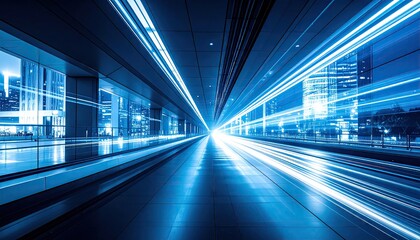 Abstract Blue Light Motion Tunnel Perspective With Bokeh Effect And Modern Urban City Background