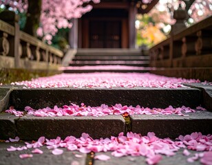 Pathway Covered with Cherry Blossom Petals Leading to Traditional Japanese Architecture in Serene Garden