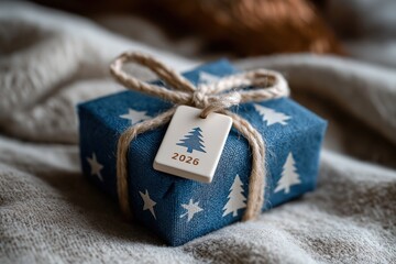 Blue christmas gift box with tag and decorative trees