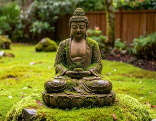 Serene Buddha Statue Surrounded by Lush Green Moss in Tranquil Garden Setting