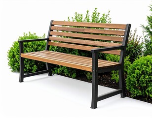 Modern park bench with wooden slats and black metal frame amidst greenery in a bright outdoor setting