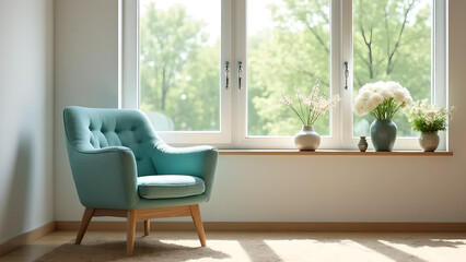 Light Teal Tufted Armchair in Bright Minimalist Living Room with Natural Light

