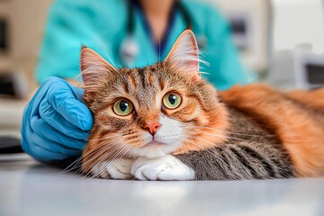 Veterinary check-up for a fluffy cat at a clinic with a caring professional