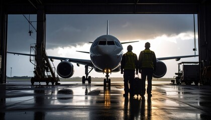 Two Airport Workers Walk Towards Airplane in Hangar Under Dramatic Sky at Dusk