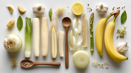An assortment of fresh, vibrant vegetables and fruits arranged with a wooden spoon on a bright surface