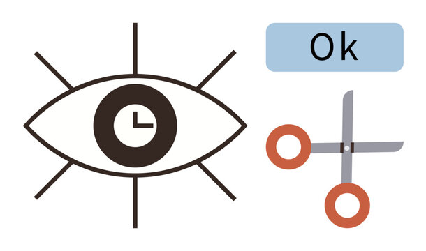 Large eye with clock inside symbolizes time observation. Scissors near Ok text imply cutting or decision-making. Ideal for time management, approval, productivity, focus, metaphor, workflow