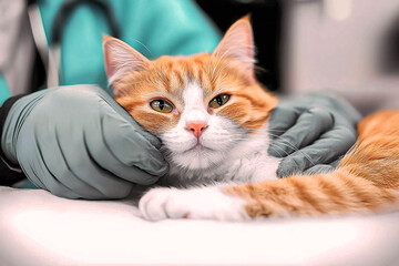 Veterinary check-up for a fluffy cat at a clinic with a caring professional
