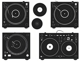 Four Views of Modern Turntables with Vinyl Records in High Contrast Black and White Design
