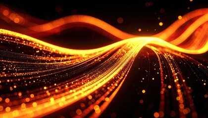 Abstract luminous waves with golden particles flowing in a dark background for creative designs and concepts