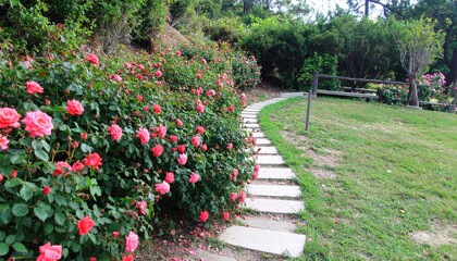 Serene Pathway Surrounded by Beautiful Pink Roses in a Lush Green Garden
