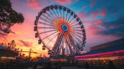 Amusement parks at sunset, Ferris wheel, spinning rides, family visitors, fun atmosphere, entertainment hub, seasonal event, ticket booths, vibrant play zone