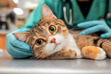 Veterinary check-up for a fluffy cat at a clinic with a caring professional
