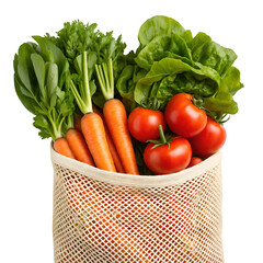 Reusable Cotton Mesh Bag with Fresh Vegetables Isolated on White for Zero Waste Concept