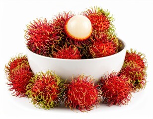 Fresh and Vibrant Rambutan Fruit Display in White Bowl, Isolated on White Background