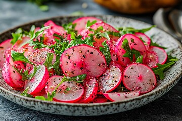 Radish Spring salad with herbs, fresh and delicious dressing from olive oil, pepper, salt and lemon juice and zest