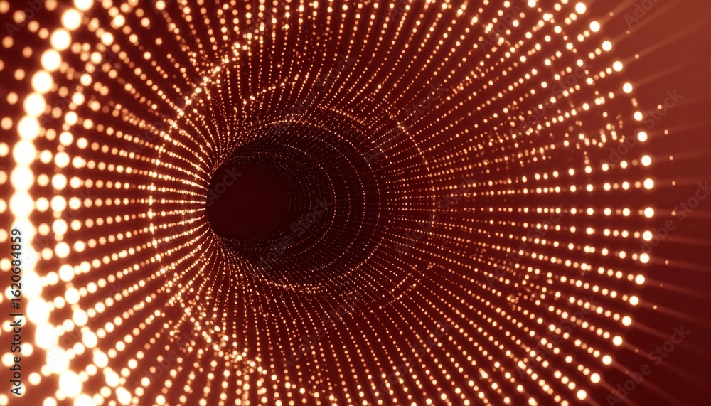 Poster abstract glowing light tunnel with vibrant dots in a swirling motion, creating an illusion of depth