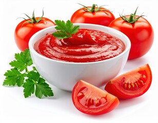Fresh Tomatoes and Delicious Homemade Tomato Sauce in White Bowl with Green Leaves on White Background